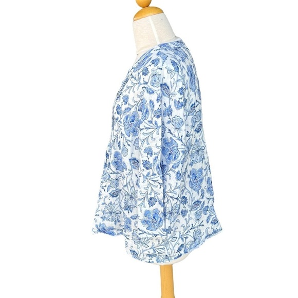 J. Jill Pintucked Printed Linen Popover White Mosaic Jacobean Bell Sleeves Small - Picture 3 of 10